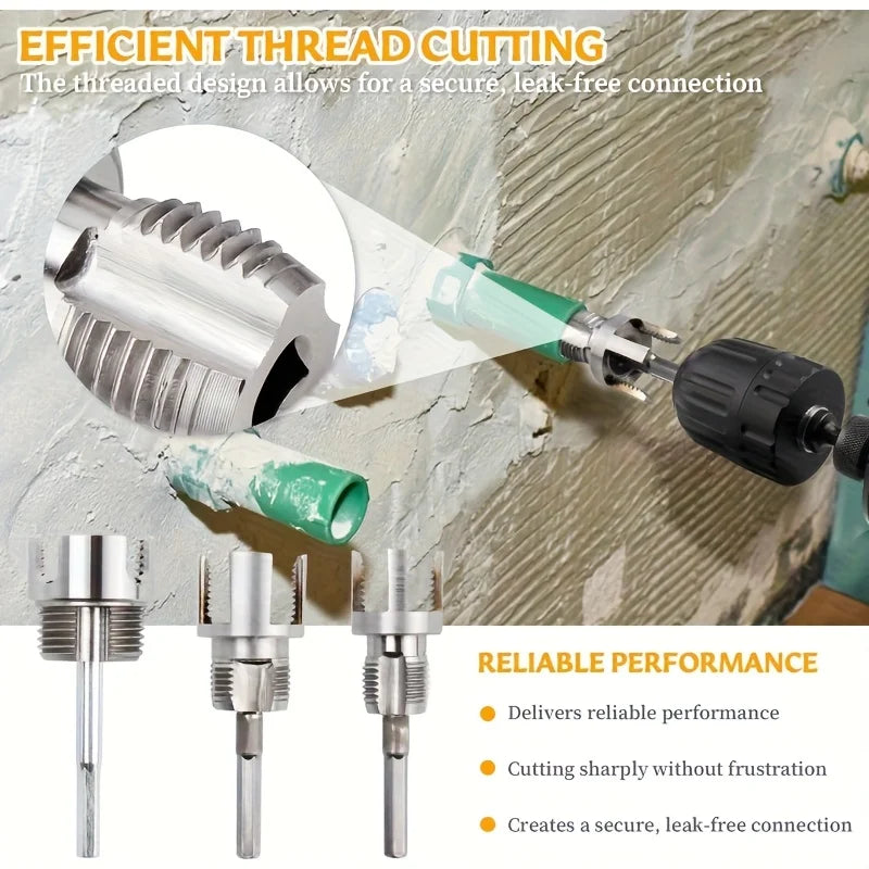 3-Piece Heavy-Duty Carbon Steel Pipe Threading Kit – 1/2” 3/4” 1” Male & Female Threads for PVC, PPR & MPP Pipes