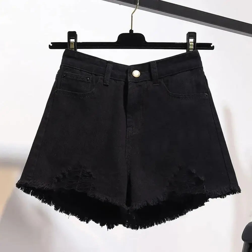 Summer Women’s Korean High Waist Cowboy Denim Shorts — Casual White Jeans with Pockets, Tassels & Ripped Holes Y2K Style