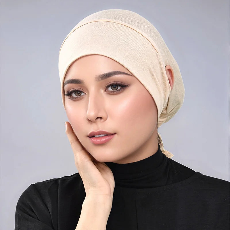 Women’s Tie-Back Jersey Hijab Cap - Stretchy Elastic Muslim Inner Underscarf with Ear-Covering Design