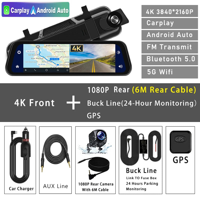 4K 2160P Dash Cam – Car DVR with CarPlay, Android Auto, Rearview Mirror Streaming, GPS, 5G WiFi, FM Radio, AUX