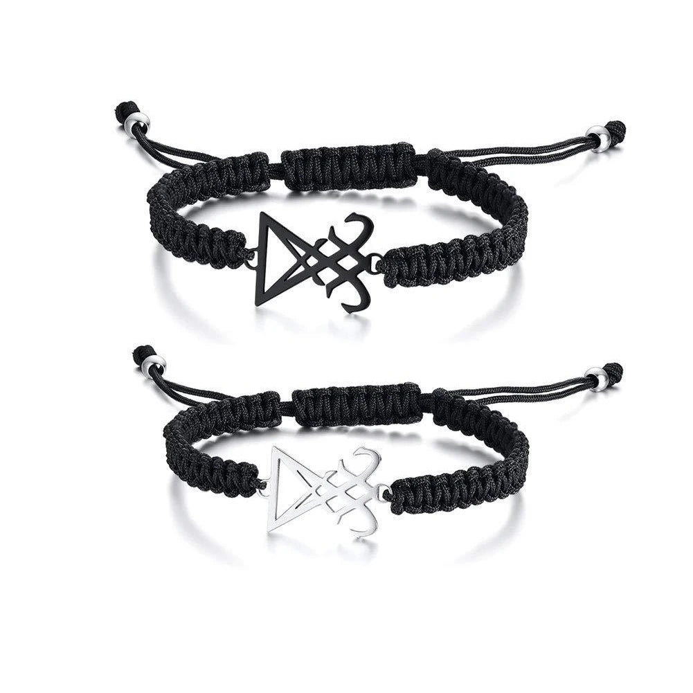 Leviathan Cross Woven Bracelet - Stainless Steel Satanic Style Totem Black Adjustable Knot Wrist Jewelry