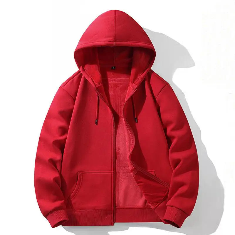 Zipper Hooded Sweatshirt – Autumn Winter Fleece-Lined Cotton Cardigan for Men & Women, Solid Color Y2K Style