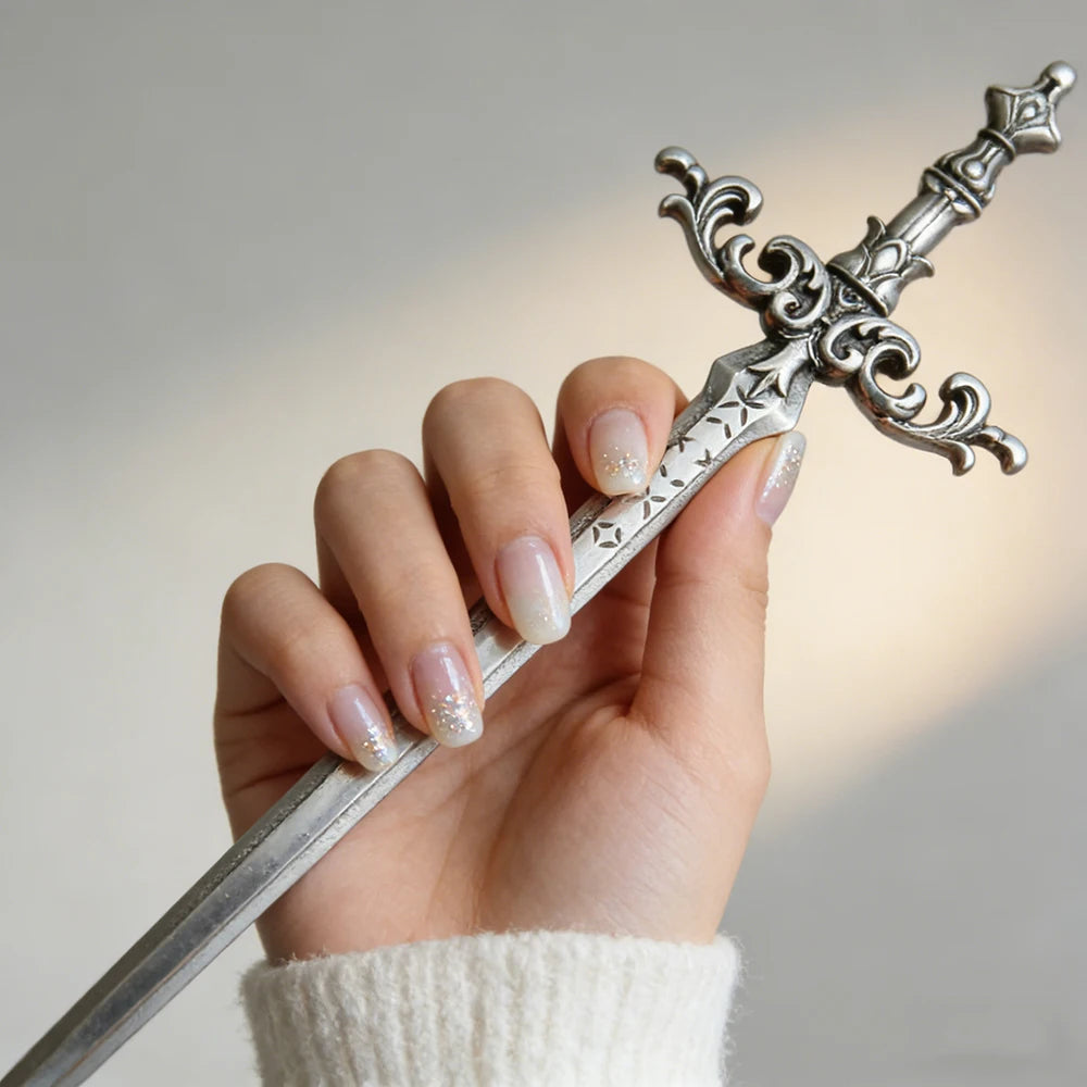 Silver Sword Hair Stick - Ornate Star Medieval Fantasy Cosplay Hair Accessory