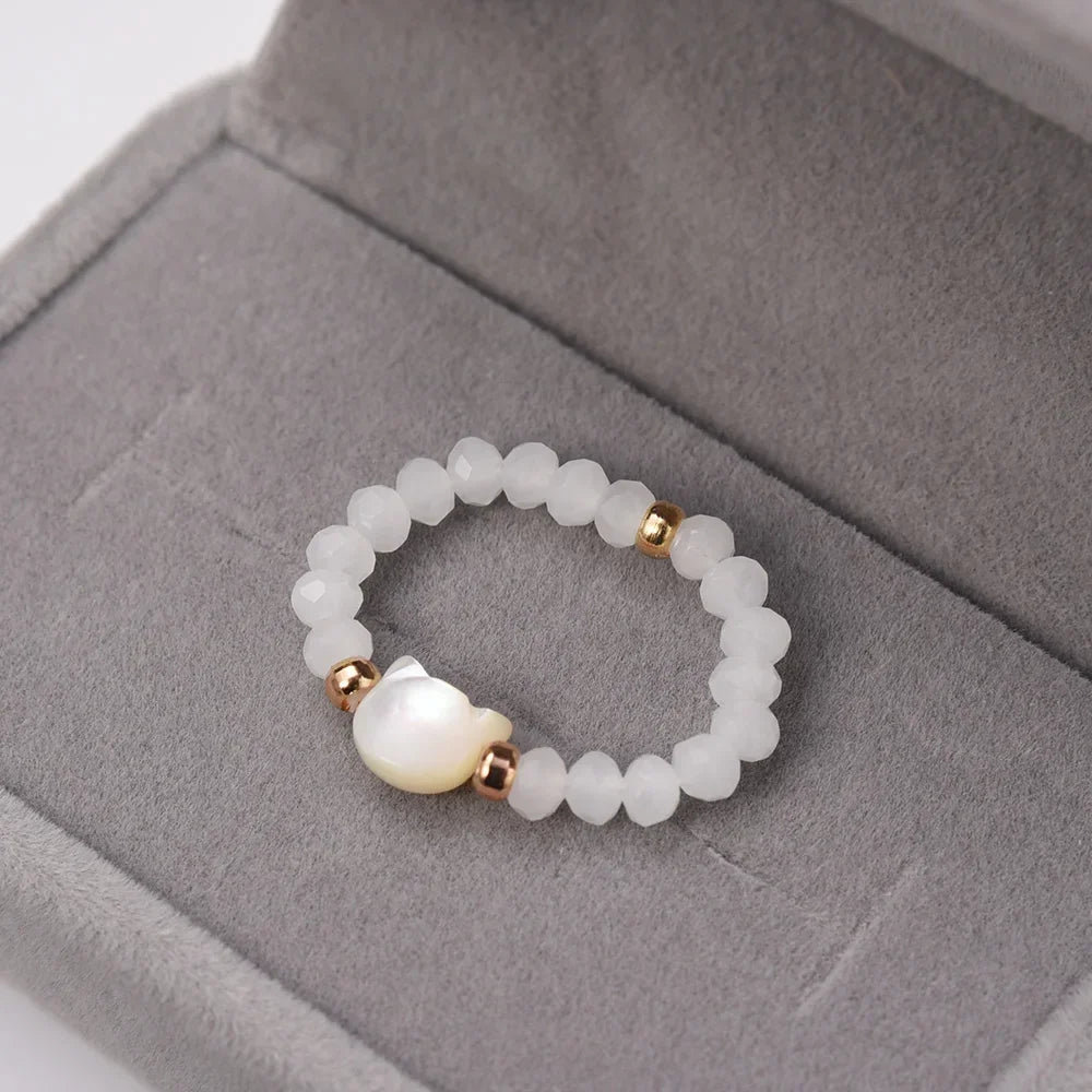 Mini Cat Moonstone Rings Set - Handmade Elastic Natural Obsidian Beaded Couple Rings for Men & Women Jewelry Gift