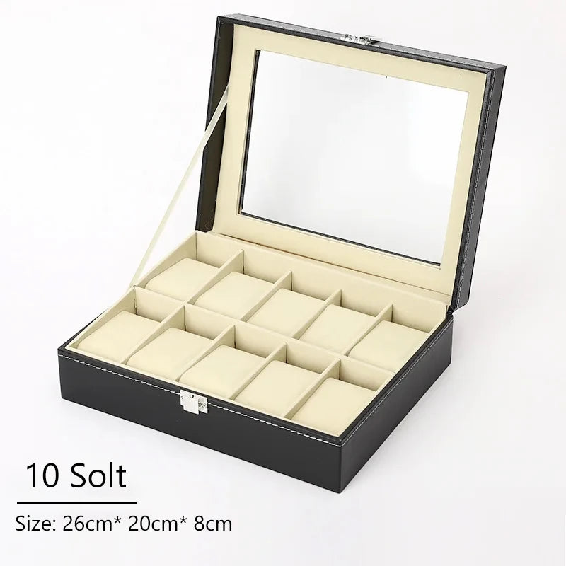 PU Leather Watch Display Box — Glass Top Storage Organizer with Slots for Men’s Watches, Perfect Gift