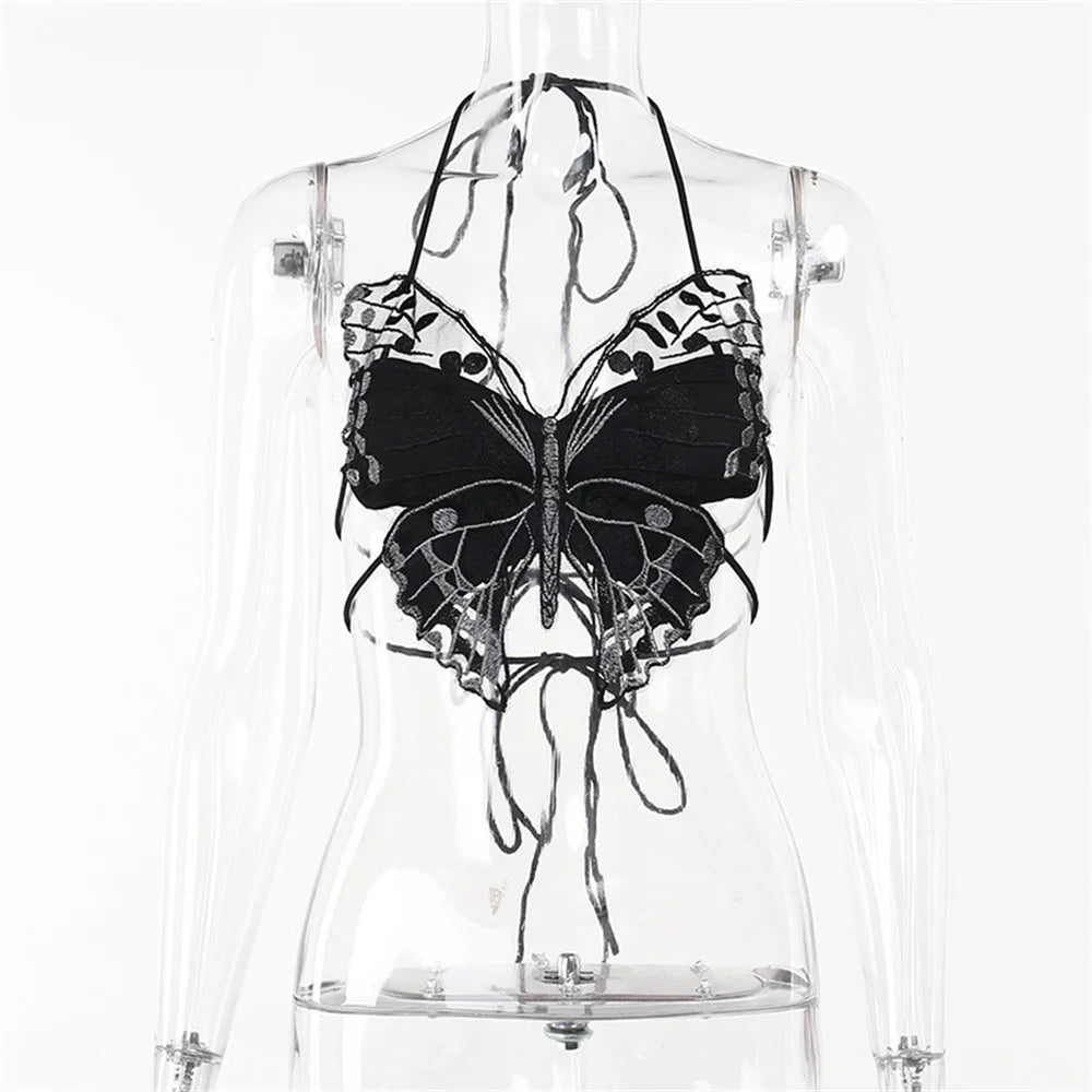 Women’s Butterfly Lace Camisole Crop Top – Spaghetti Strap Slim Fit See-Through Summer Bralette with Front Slit Low Cut Design