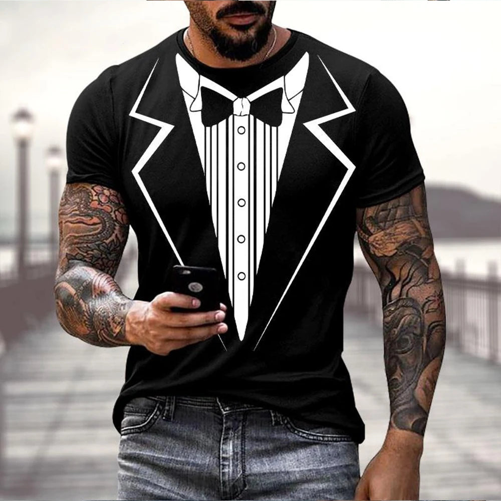3D Fake Suit T-Shirt - Funny Tailcoat & Bow Graphic Summer Casual Tee