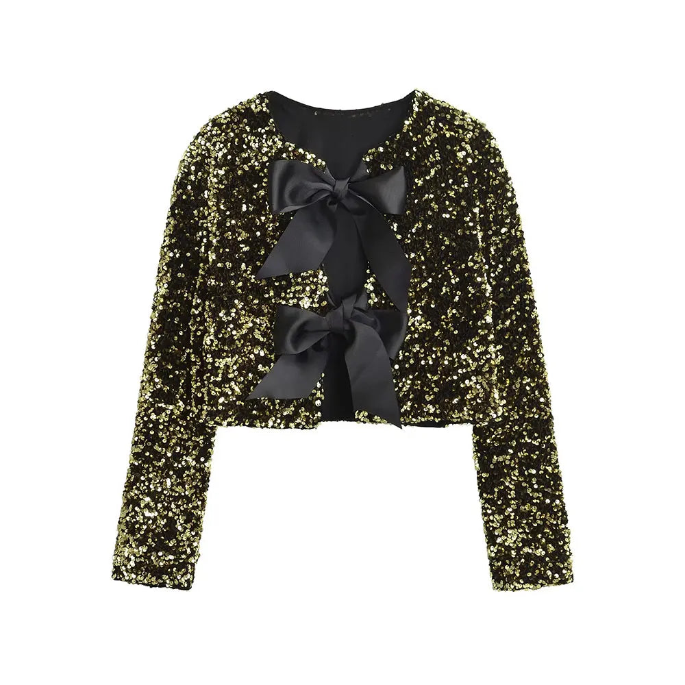 TRAF Women's Sequin Cropped Jacket β Long Sleeve O-Neck Coat with Bow Tie, Chic Outerwear Top