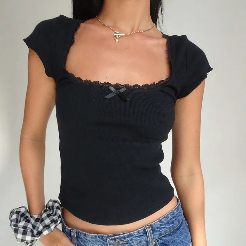 Y2K Vintage Lace Trim Baby Tee - Cottage Style Square Neck Knitted Crop Top for Women Summer Fashion