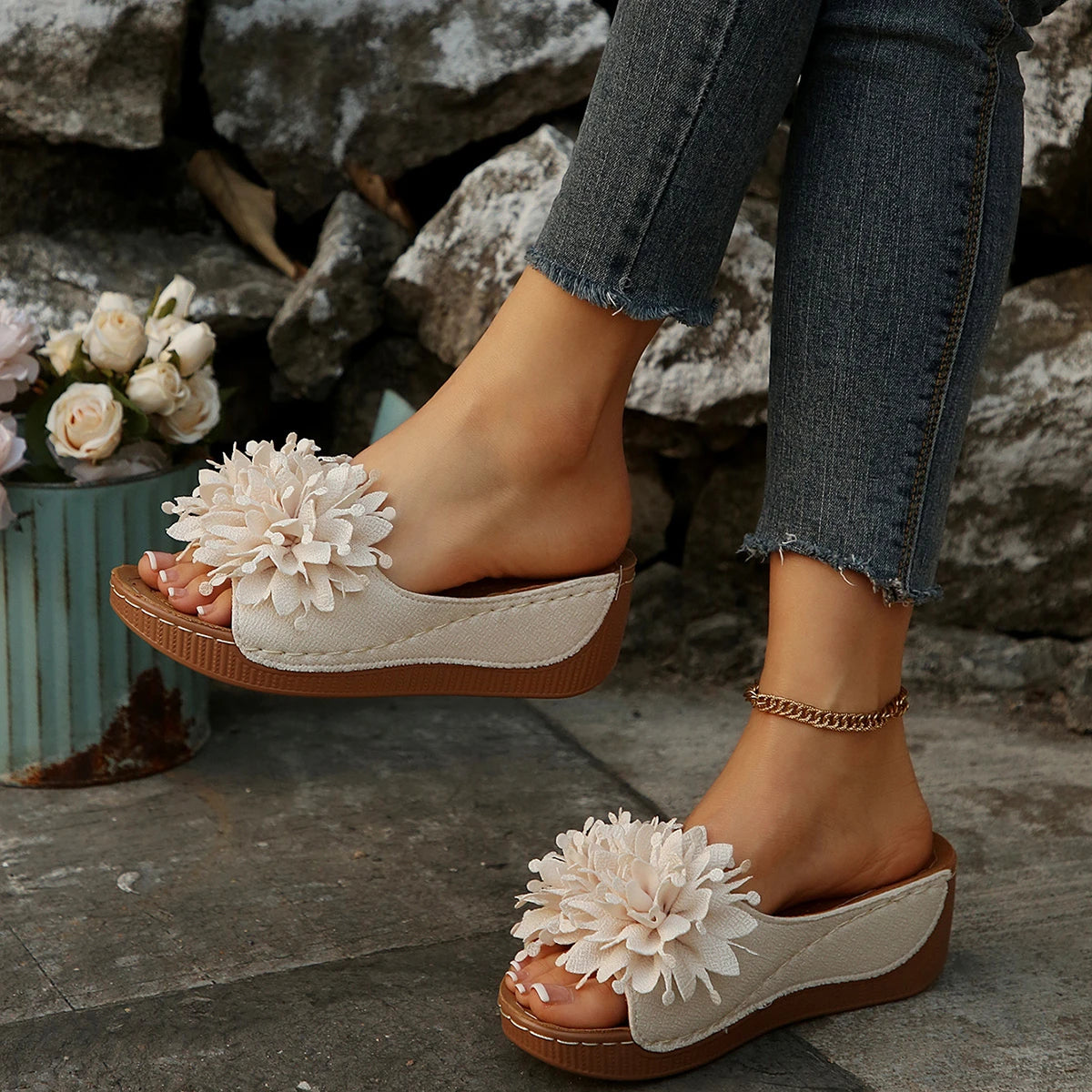 Women's Flower Wedge Sandals - Breathable Open-Toe Slip-On Summer Shoes