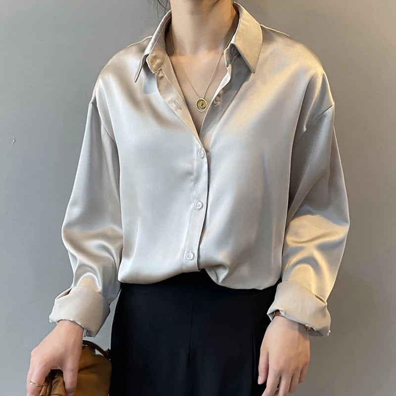 Elegant Satin Women’s Shirt — Loose Vintage Blouse with Turn-Down Collar for Spring & Autumn