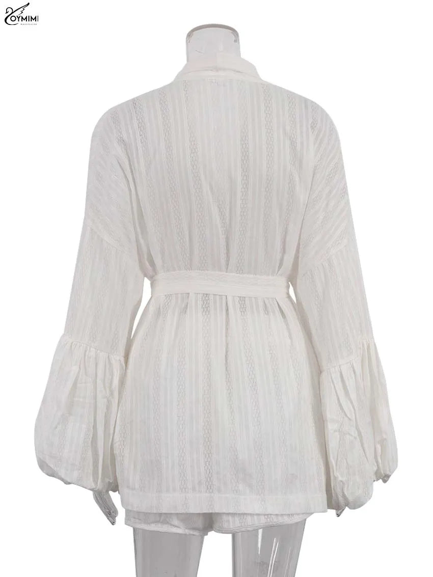 Oymimi Women’s White Cotton Two-Piece Set – Elegant Puff Sleeve Lace-Up Shirt & High-Waisted Shorts