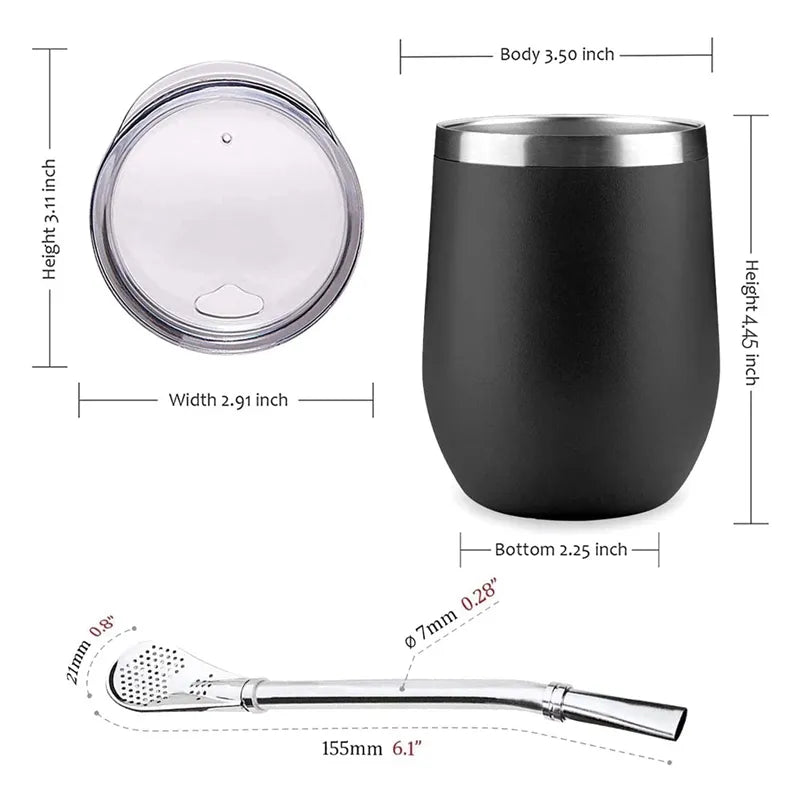 Double-Wall Stainless Steel Yerba Mate Tea Set - Gourd-Shaped Coffee Cup with Lid, Spoon, Straw, Bombilla Head Filter, and Brush