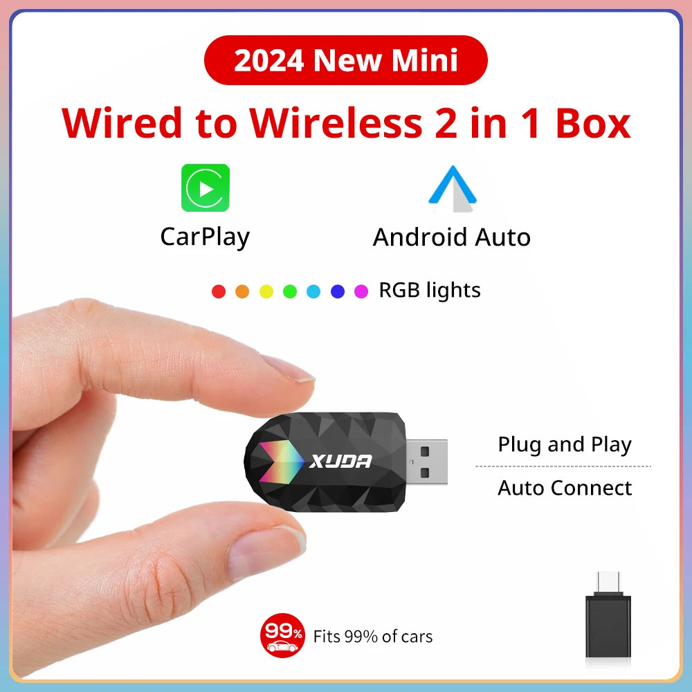 XUDA 2-in-1 Wireless CarPlay & Android Auto Mini Box - Plug & Play, Automatic Connection for 99% of Cars