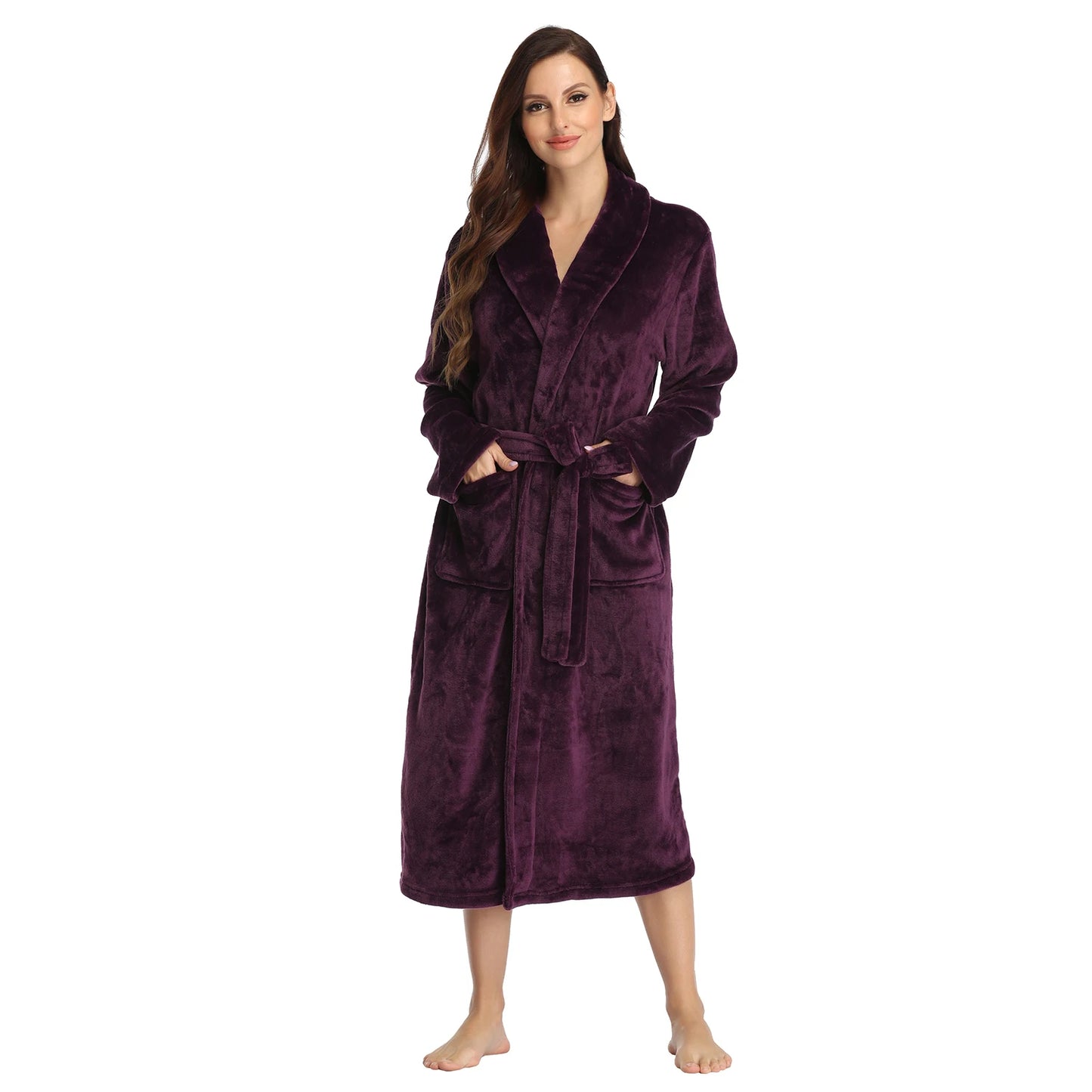 RONGTAI Women's Solid Color Lapel Bathrobe - Warm, Comfortable Long-Sleeved Robe for Autumn and Winter Homewear