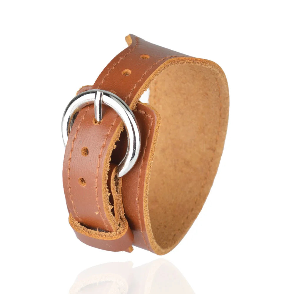 Men’s Genuine Leather Bracelet - Wide Adjustable Vintage Punk Friendship Jewelry with Buckle Closure
