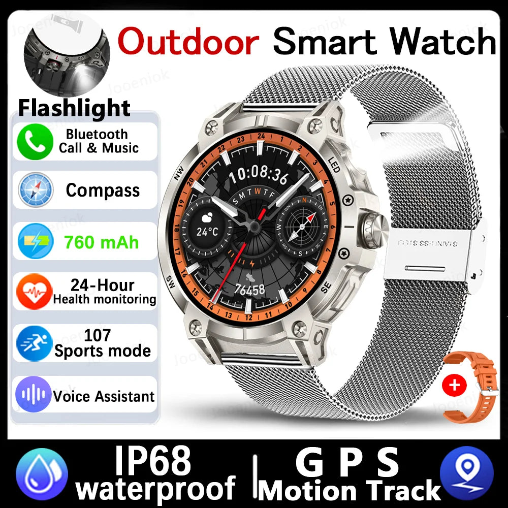 Military Smartwatch for Men – 760mAh Battery, LED Flashlight, Compass, 1.8" HD Screen, Heart Rate, Waterproof, BT Call