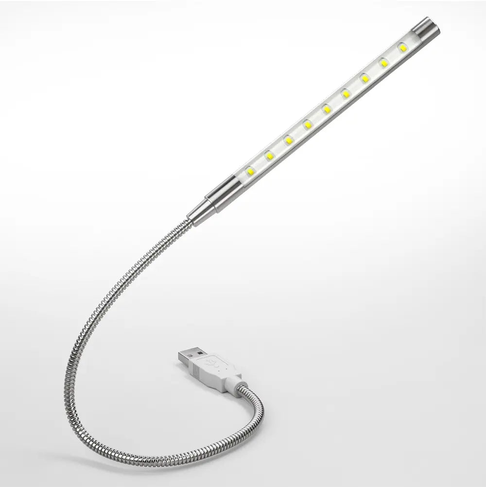Flexible LED Night Light - Silver/Black Metal, USB Powered, 10 LED Book Reading Light for Laptops and Notebooks