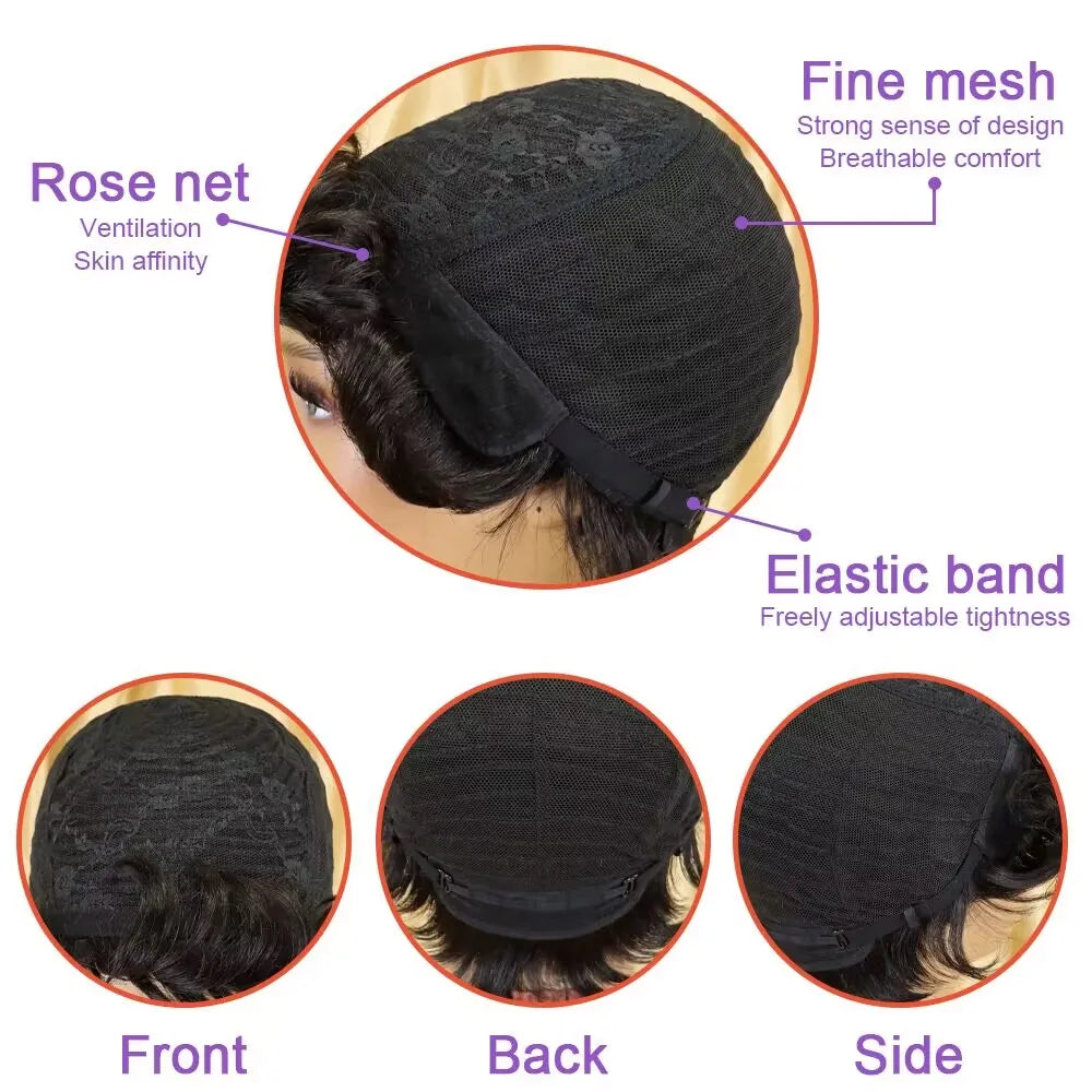 Pixie Cut Human Hair Wig for Women – Short Layered Wig with Bangs, Brazilian Real Full Machine-Made Hair Replacement