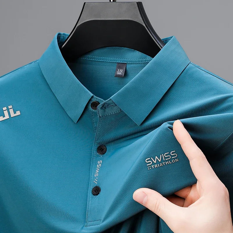 Men's Business Casual Polo Shirt - Short Sleeve Solid Color Top with Badge Detail