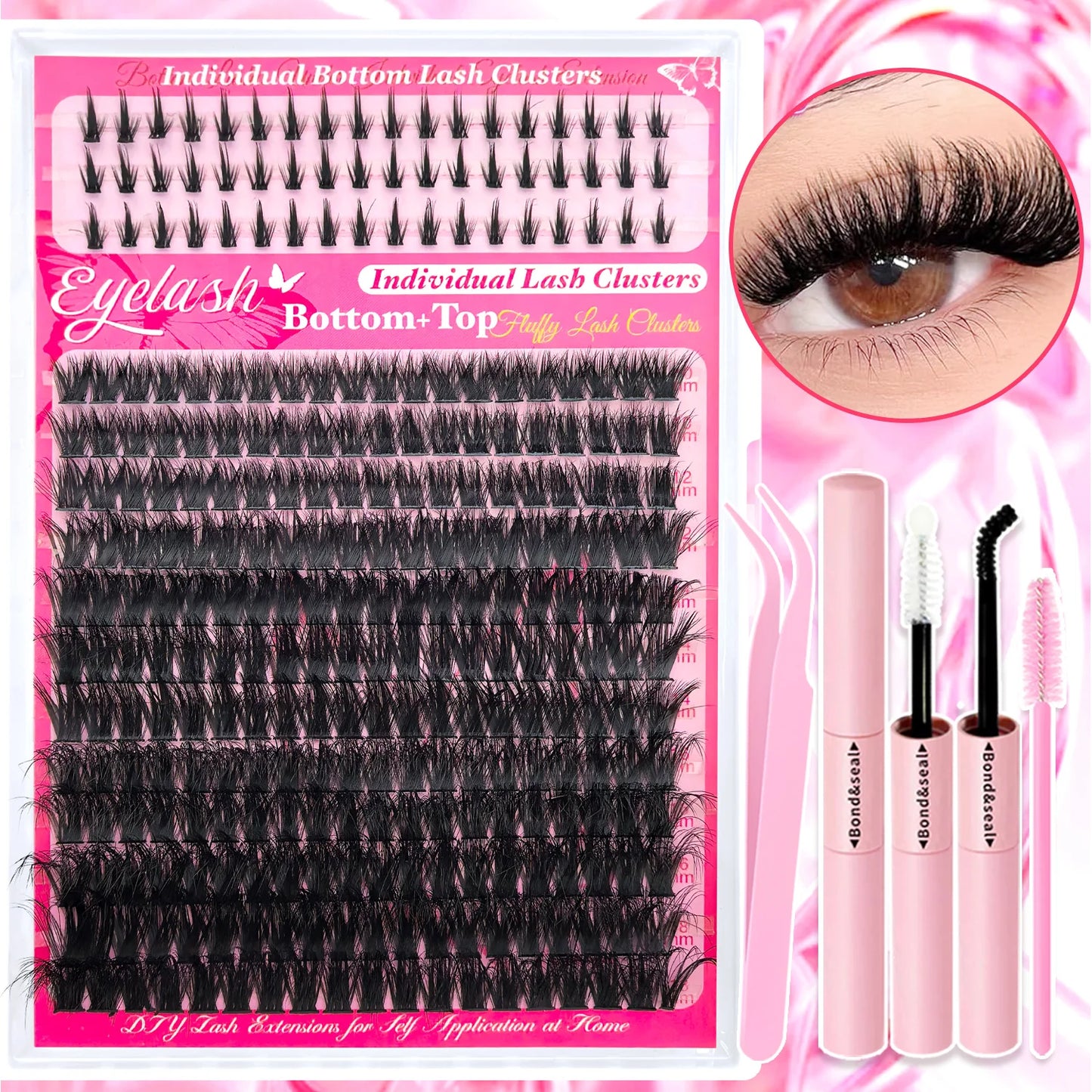 Top & Bottom Lash Extension Kit – 250/740 Cluster Fluffy Volume Mix Lengths DIY Eyelash Set for Bold Bombshell & Natural Lash Looks