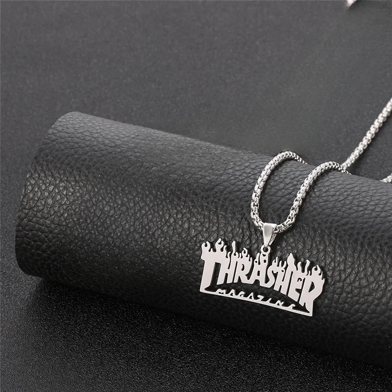 Trendy Hip-Hop Stainless Steel Letter & Flame Pendant Necklace | Street Style Rock Jewelry for Men & Women