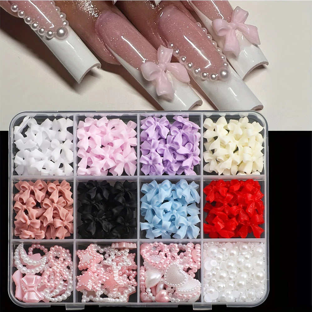 12 Grids Mixed Resin Bowknot Nail Art Decorations – 3D Acrylic Charms & Kawaii Colorful Rhinestone DIY Manicure Parts