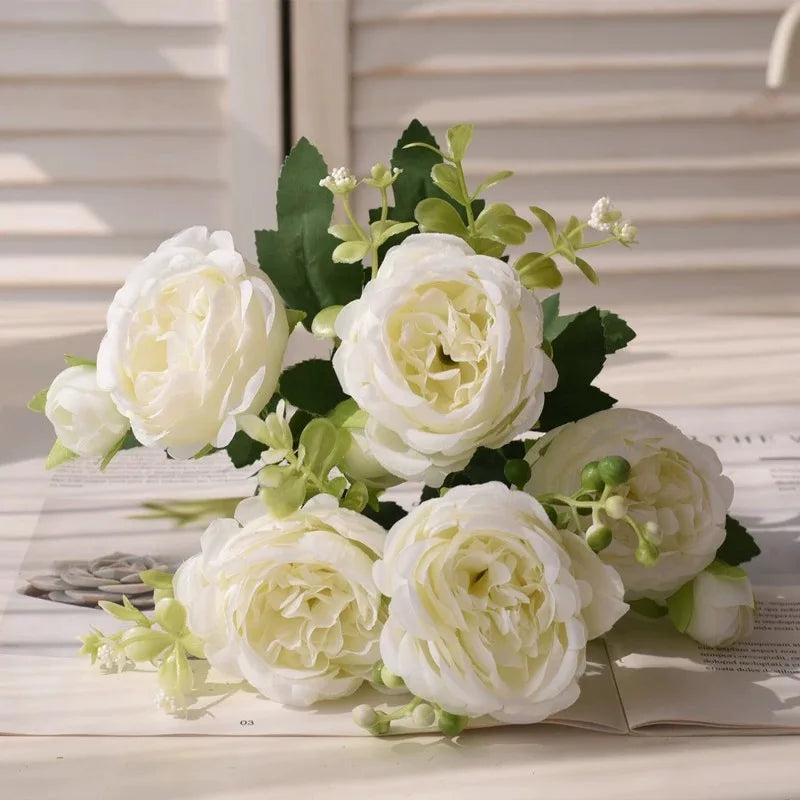 30cm Rose Pink Peony Silk Bouquet Artificial Flower, 5 Big Heads & 4 Small Buds for Wedding & Home Decor