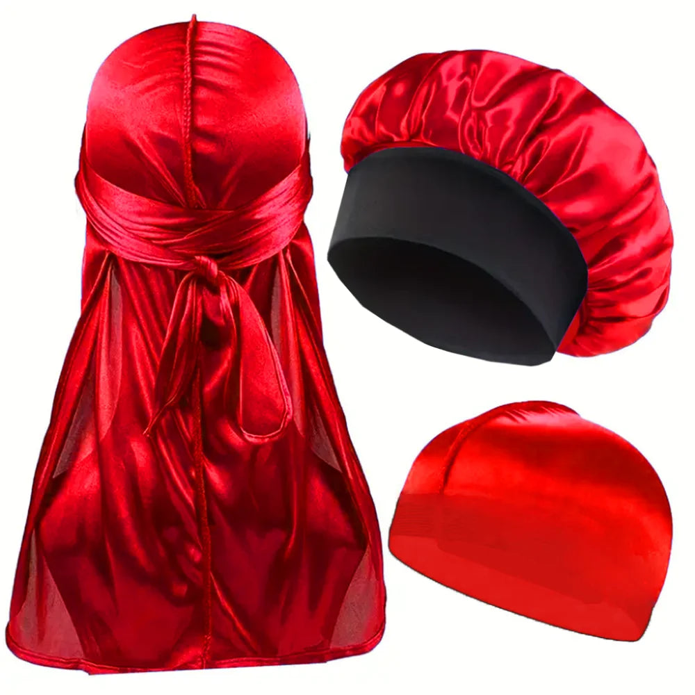 3PCS Durag & Satin Bonnet Set - Solid Color Night Cap and Lightweight Dome Hat Hair Accessories