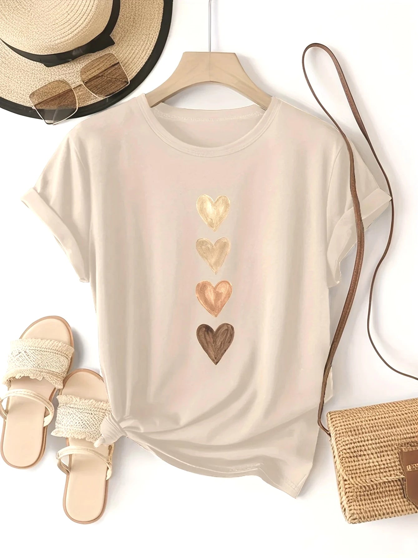 Women’s Four Heart Graphic T-Shirt - Casual Short Sleeve Round Neck Stretch Tee in Black & Gold Print