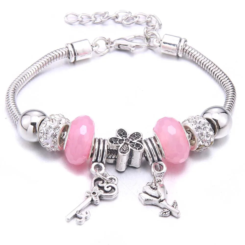 Pink Charm Bangle - Butterfly Snake Chain Bracelet with Beads and Lobster Clasp for Women