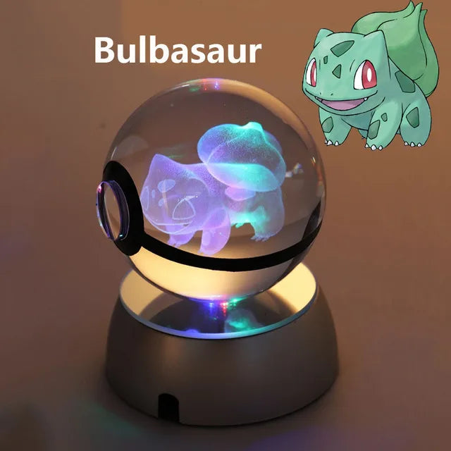 Anime Pokemon 3D Crystal Ball – Snorlax & Charizard Engraved Pokeball Figure with LED Light Base, Kids Gift