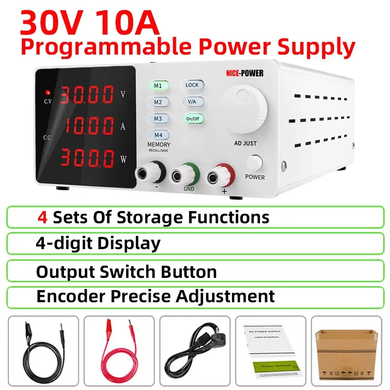 DC Programmable Power Supply — 30V 10A / 60V 5A / 120V Adjustable Laboratory Bench Source with 4-Set Memory Storage Functions