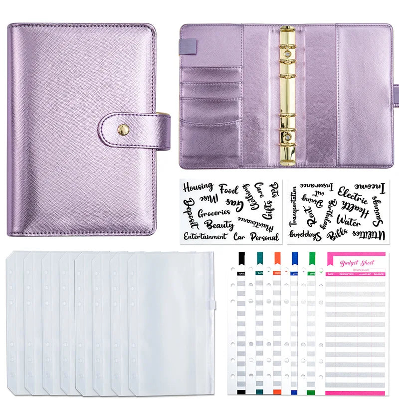 A6 Gold Ring Budget Planner Binder – Gold, Purple & Black with Zipper Cash Envelopes for Money Organization
