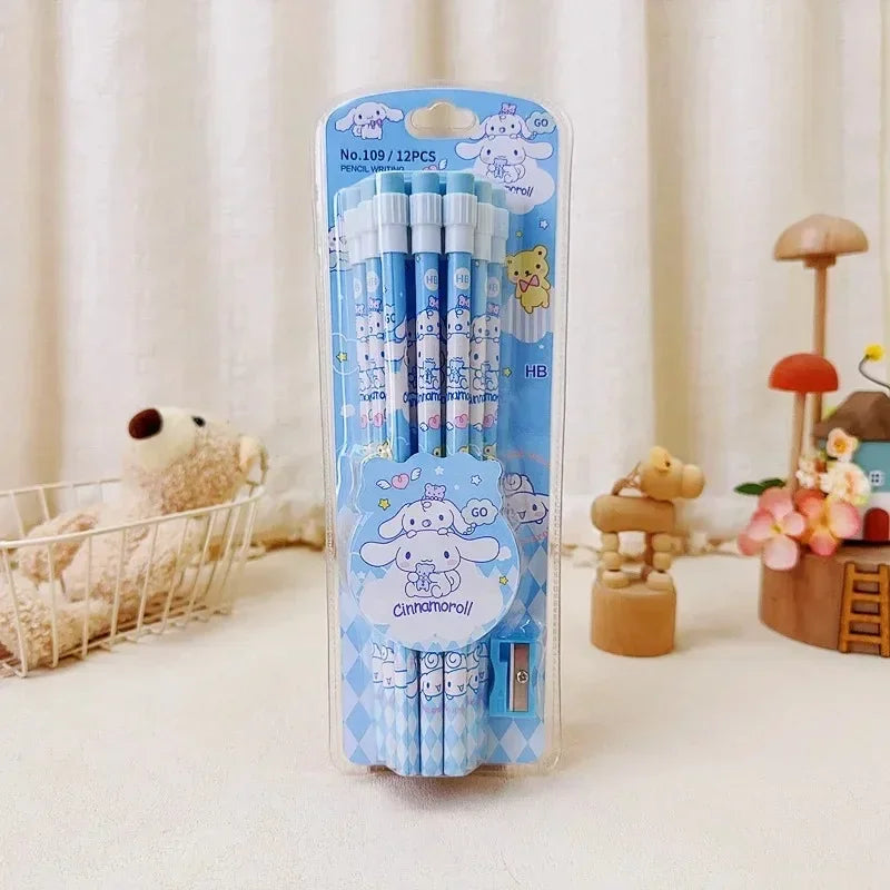 12pcs Sanrio Cinnamoroll & Kuromi Cute Cartoon HB Pencils - Writing & Drawing Stationery Box Set with 12 Pencils & 1 Pencil Roller