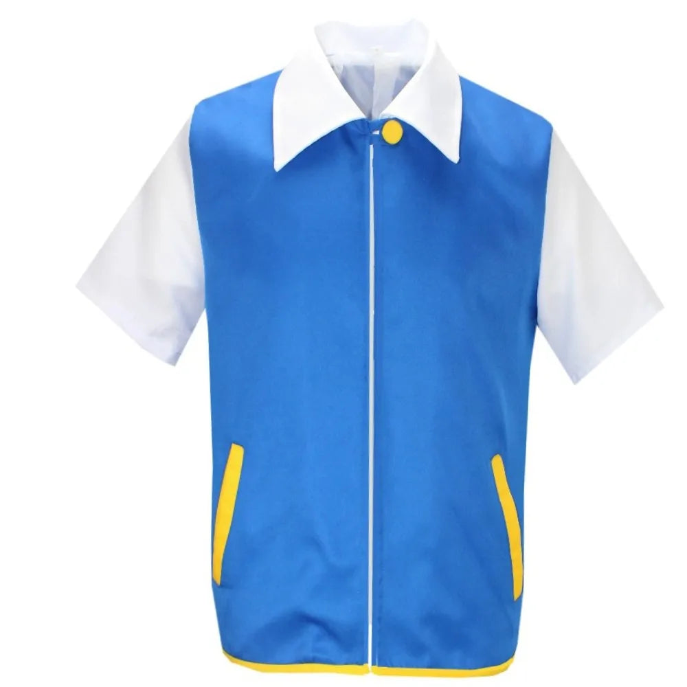 Cartoon Anime Ash Ketchum Trainer Blue Jacket Costume with Hat & Gloves for Kids Pokémon Go Cosplay Party