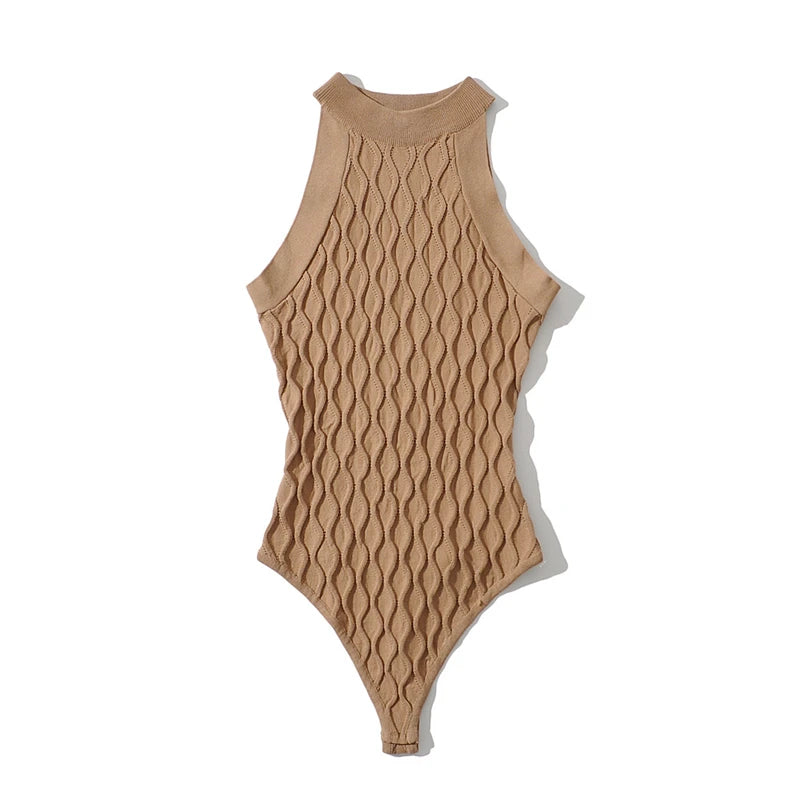 LUNDUNSHIJIA 2022 Spring Women’s Sleeveless Knitted Bodysuit – 3D Hollow Out Jumpsuit Top, 5 Fashion Colors