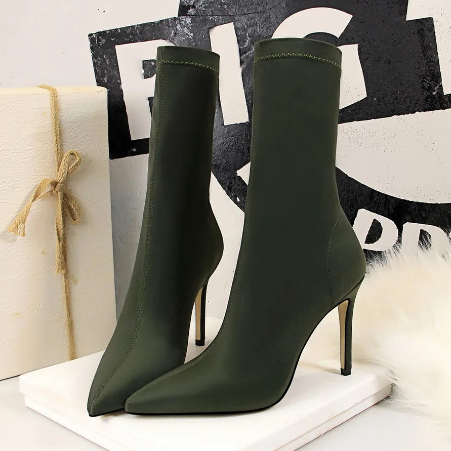 Women’s Satin Sock Ankle Boots - 7.5cm & 10cm High Heels Pointed Toe Winter Fashion Boots