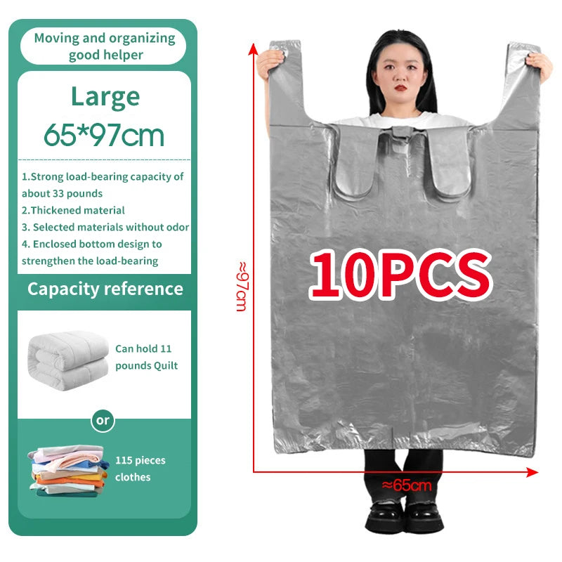 10PCS Large Plastic Storage Bags — Thick Moving & Organizer Bags for Clothes, Toys, Bedding, Duvets