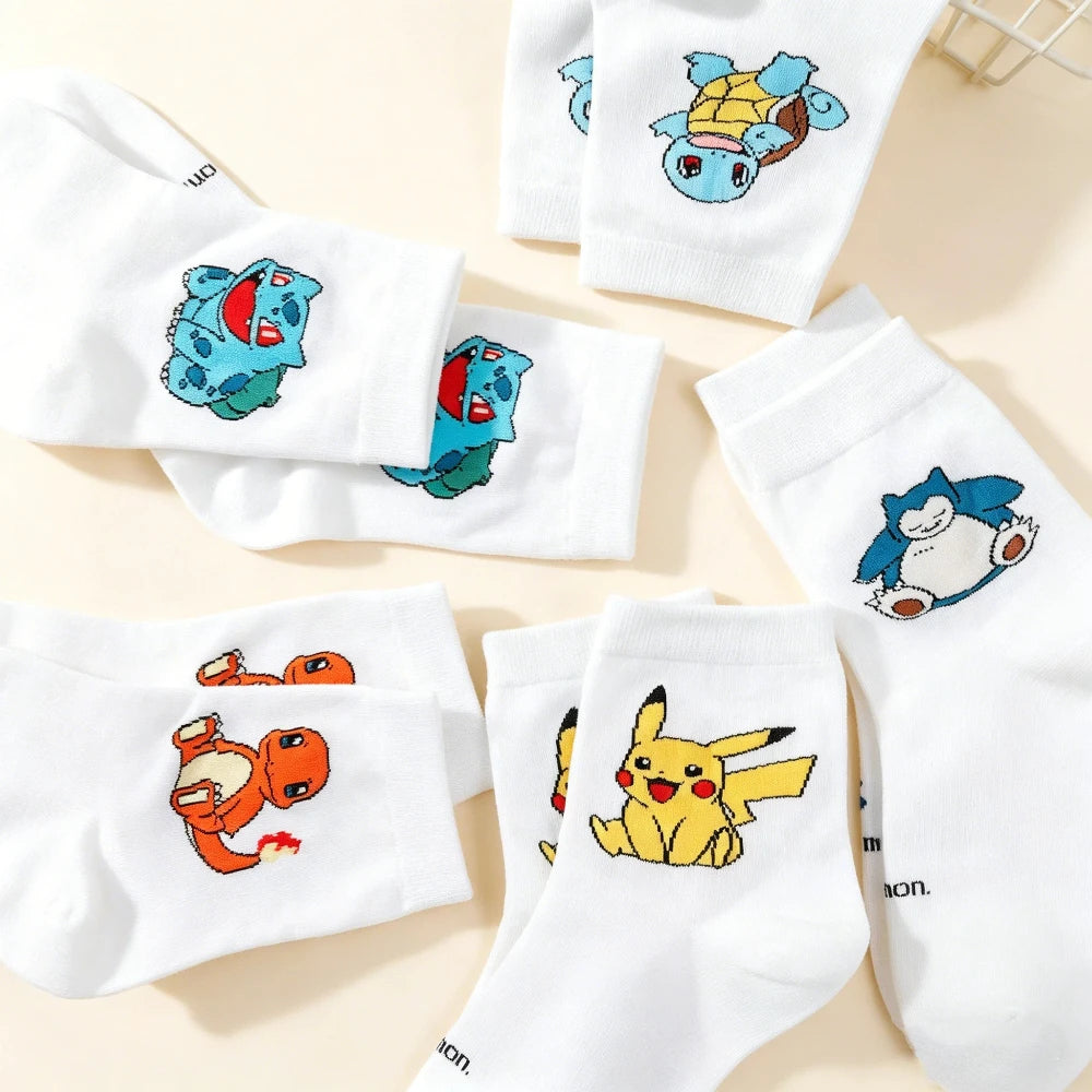 5 Pairs Women's Pokemon Cartoon Socks - Cute Cotton Mid-Calf Crew Socks with Colorful Graffiti Prints