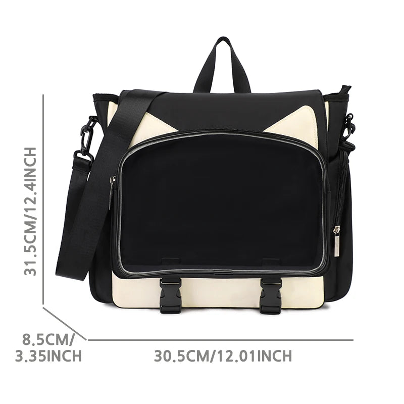TINYAT Y2K Ita Bag — Waterproof Transparent School Backpack & Crossbody Bag for Girls with Cute Cat Ears