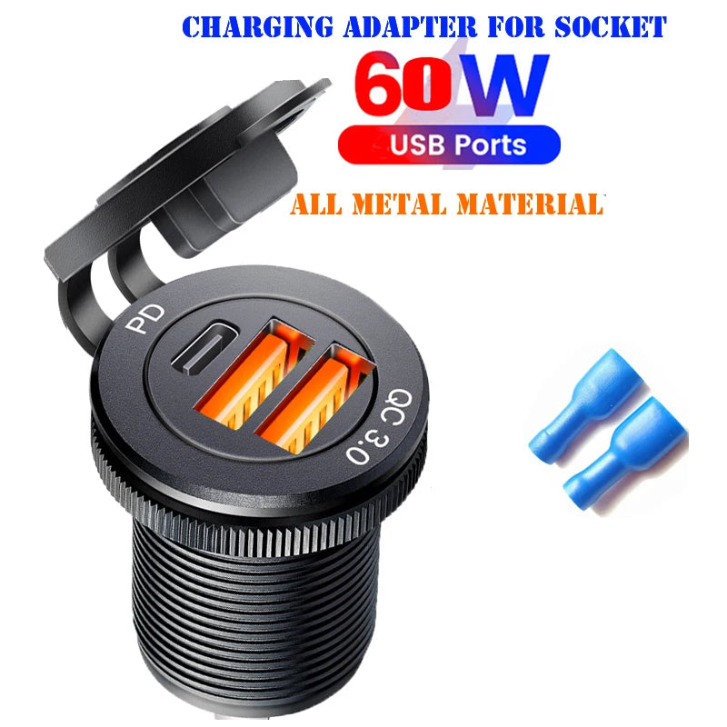 Type-C Built-in USB Car Charger Socket QC3.0 Fast Charging Aluminum Metal Power Outlet Adapter for Audi A1 A3 A4 A5 A6 A7 A8 Universal Fit