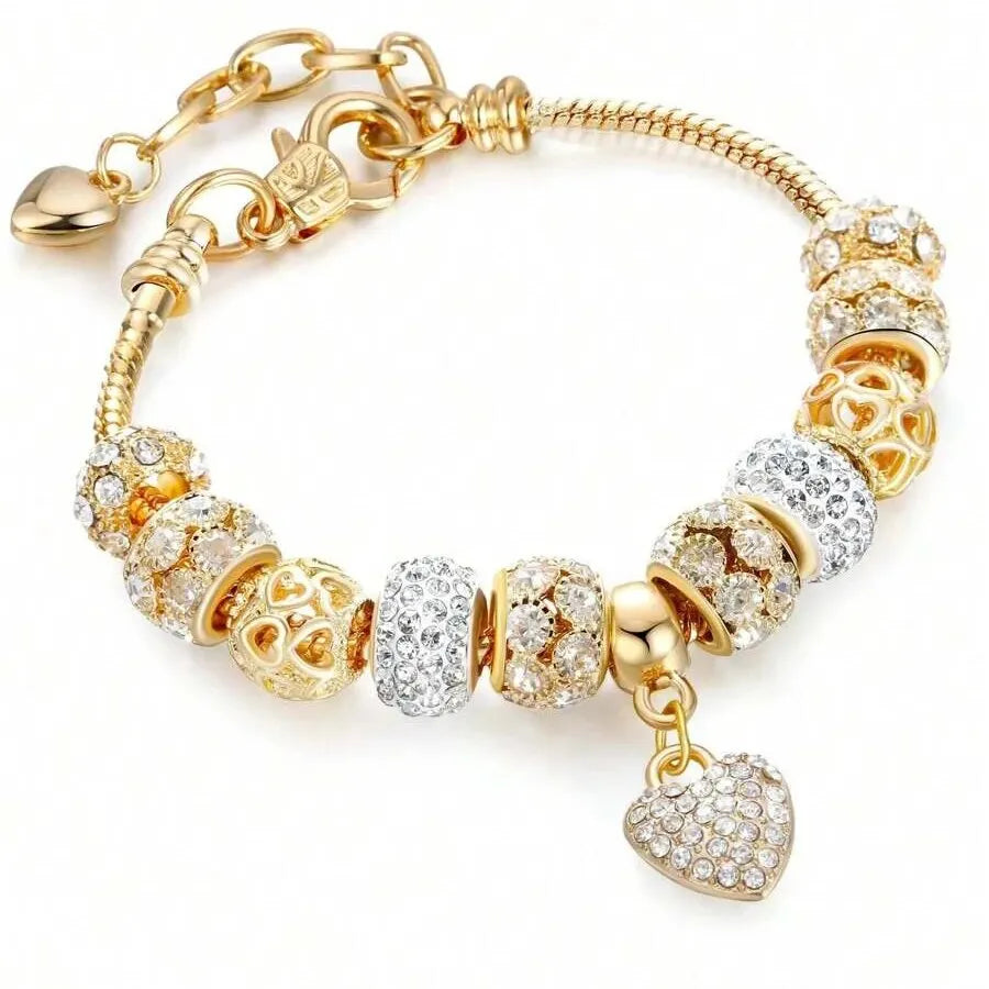 Obega Love Heart & Flower Glass Pendant Charm Bracelet - Adjustable Pink & White Crystal Stone Bead Bracelet in Silver/Gold