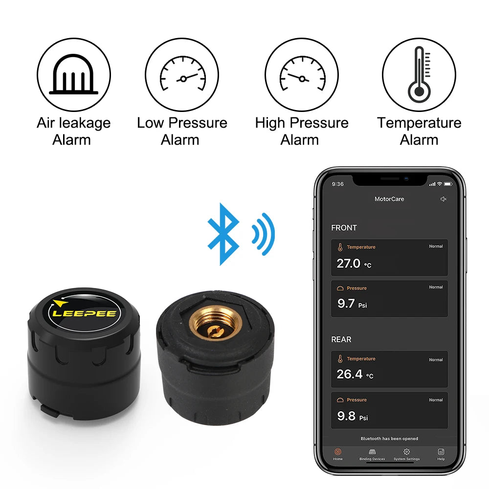 Bluetooth Motorcycle TPMS with 2 Sensors – Tire Pressure Monitoring System for Pit Bike, Tyre Tester Diagnostic Kit Moto Accessories