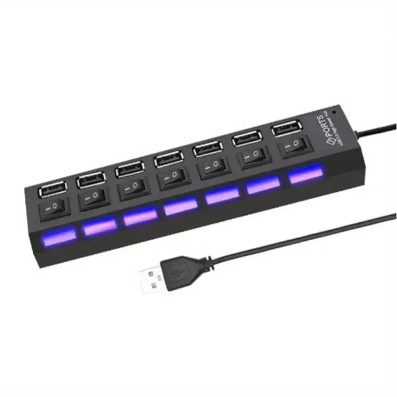 High-Speed USB 2.0 Hub with 4 or 7 Ports - Multi-USB Splitter with LED Indicator and Individual Switches for PC and Laptop