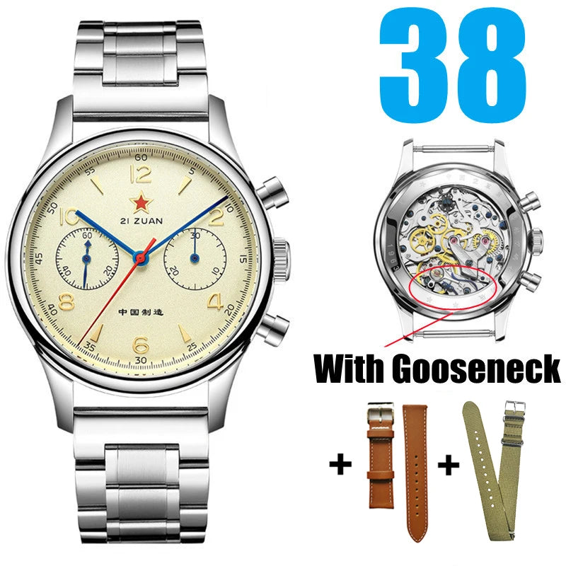 RED STAR 1963 Men's Chronograph Watch - 38mm Pilot Design with Seagull ST1901 Movement & Sapphire Glass