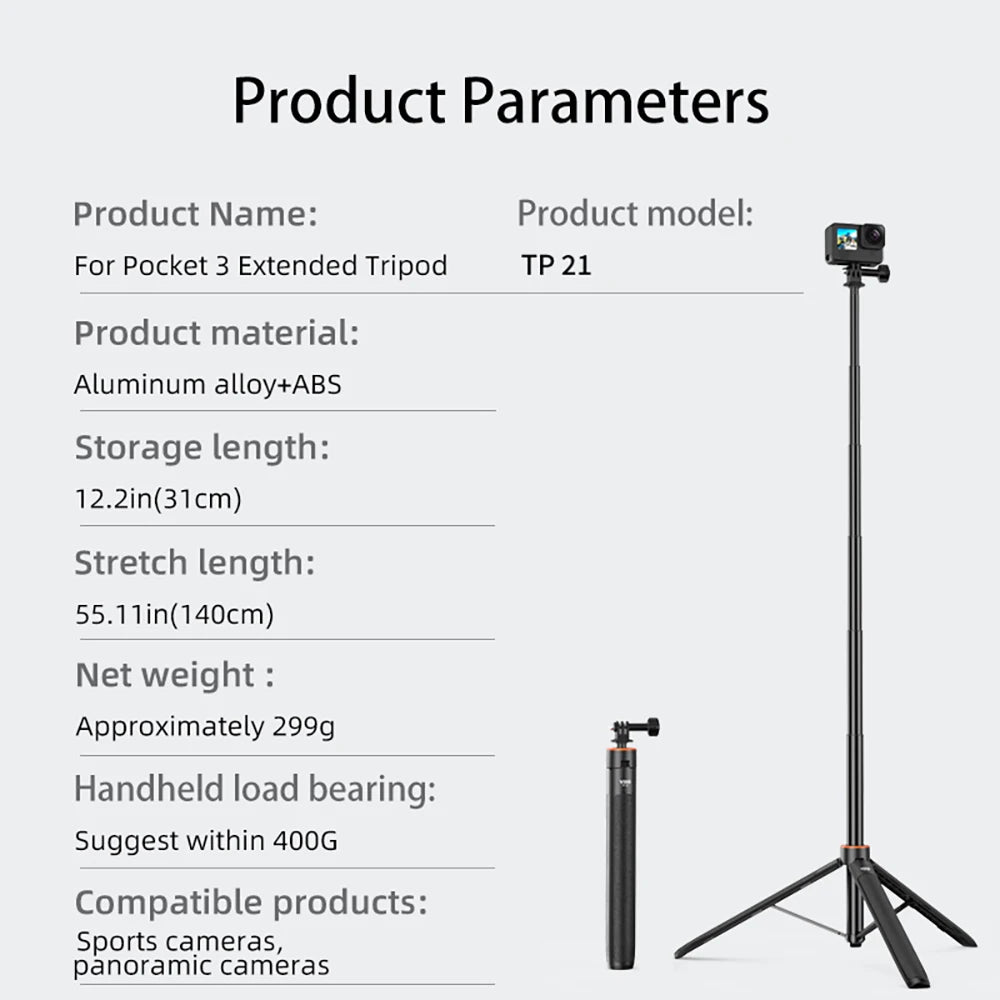 1.38M Selfie Stick Tripod – Adjustable Extension Holder for DJI Action 4, Pocket 3, GoPro, Insta360, DSLR & Phone Photography