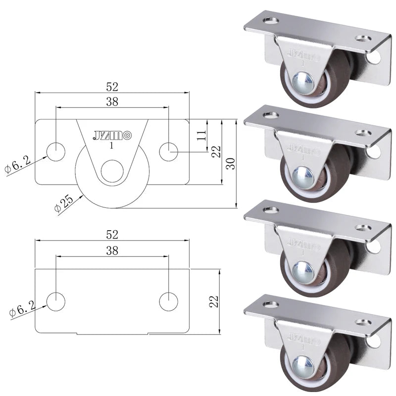 4Pcs Silent Rubber Casters | Low Profile Drawer Wheels for Furniture, Kitchen Cabinets, Tables, Side Installation Replacement