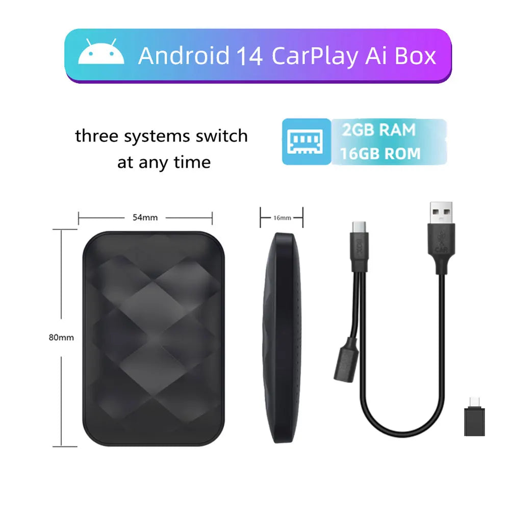 Acodo 2025 Android 14 3-in-1 CarPlay AI Box Wireless Adapter for Android Auto, YouTube & Netflix – Universal Plug and Play TV Box