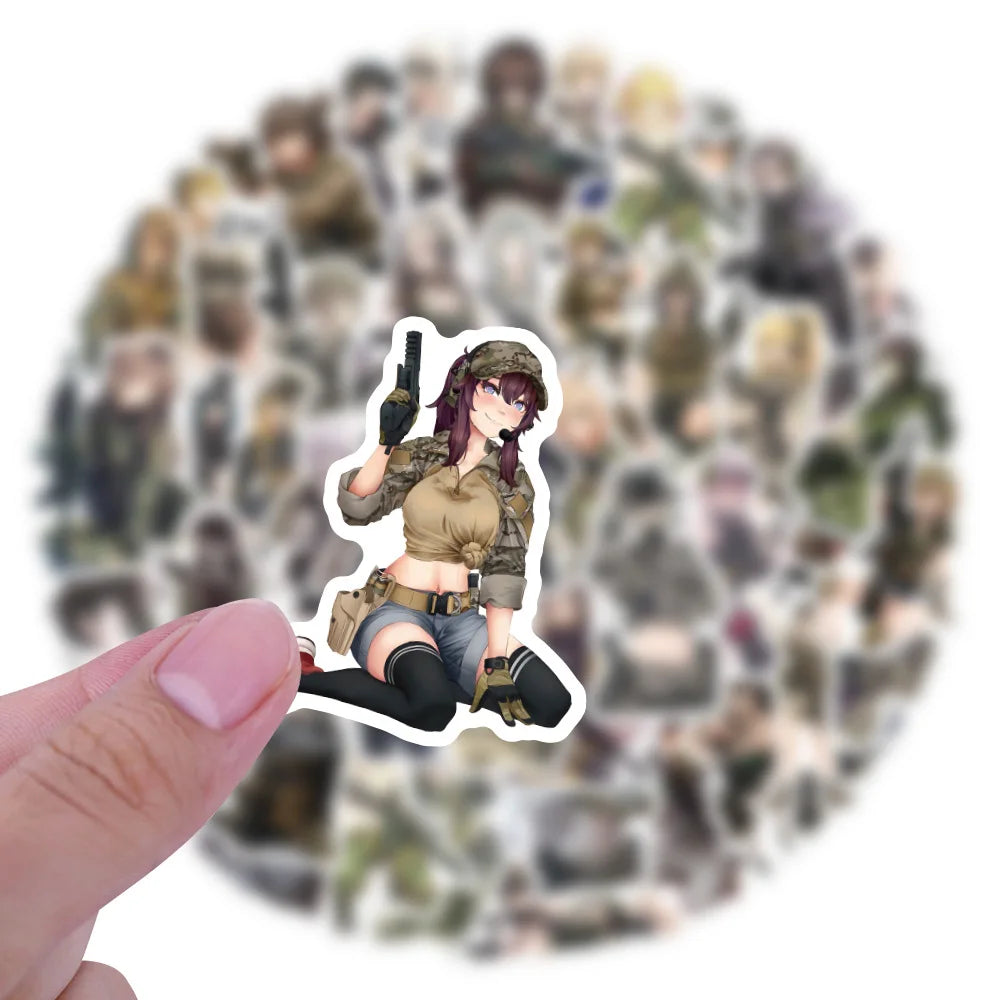 60-Piece Military Anime Girl Sticker Set - Waterproof Cartoon Graffiti Decals for Phones, Notebooks and Luggage